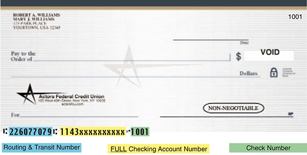 Example of the account and credit union numbers on a check